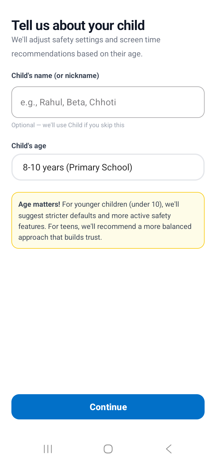 Tell us about your child screen with name and age fields