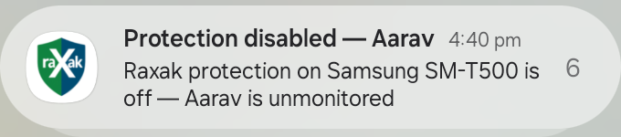Protection disabled alert on the parent's phone naming child and device