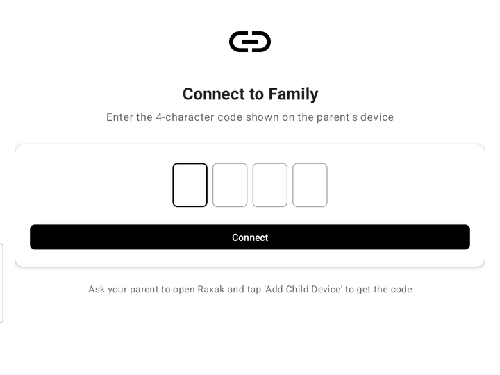 Connect to Family code entry screen on the child's device