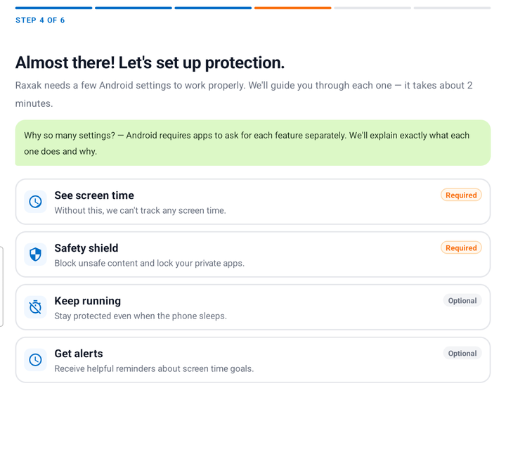 Almost there Let's set up protection screen listing the four permissions with Required and Optional labels
