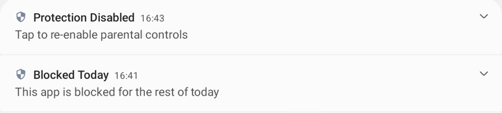 Protection Disabled and Blocked Today notifications on the child device