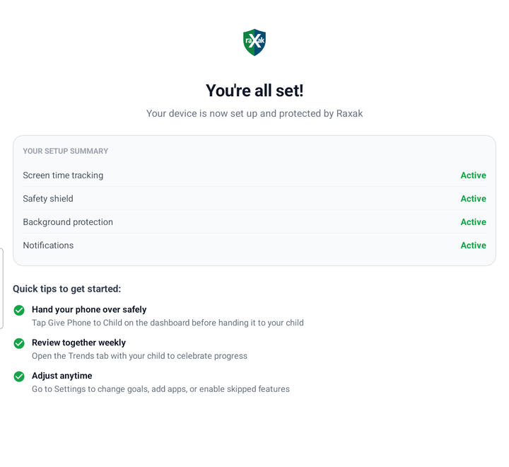 You're all set screen with setup summary showing all protections active