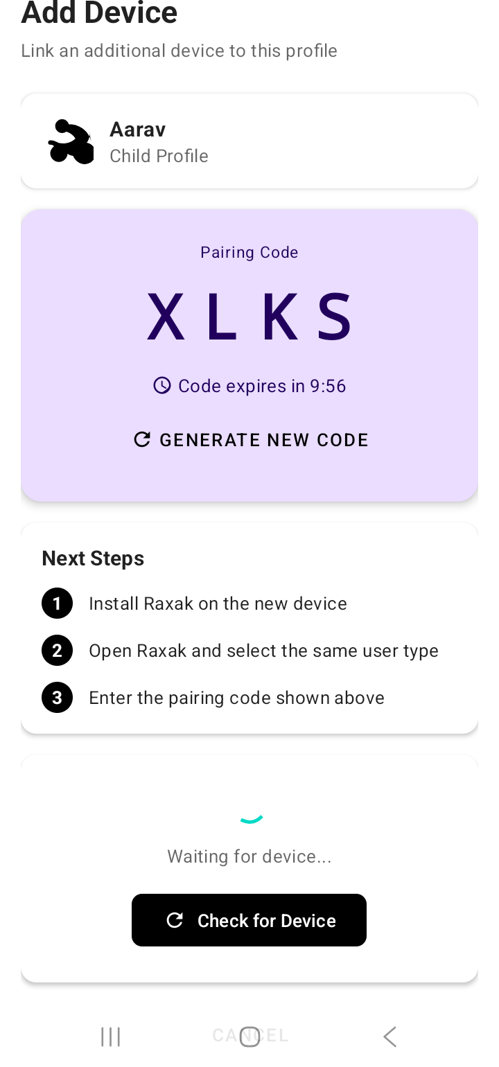 Add Device screen showing 4-character pairing code XLKS with 10-minute countdown