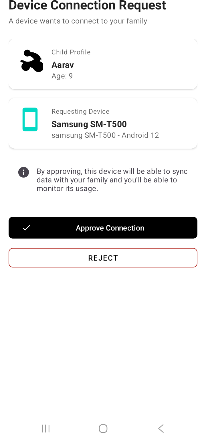 Device Connection Request screen with child profile, requesting device and Approve Connection button