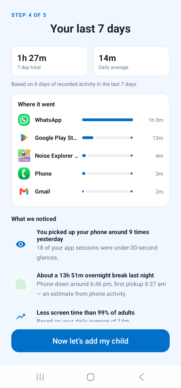 Your last 7 days report built instantly during setup, with top apps and what we noticed insights