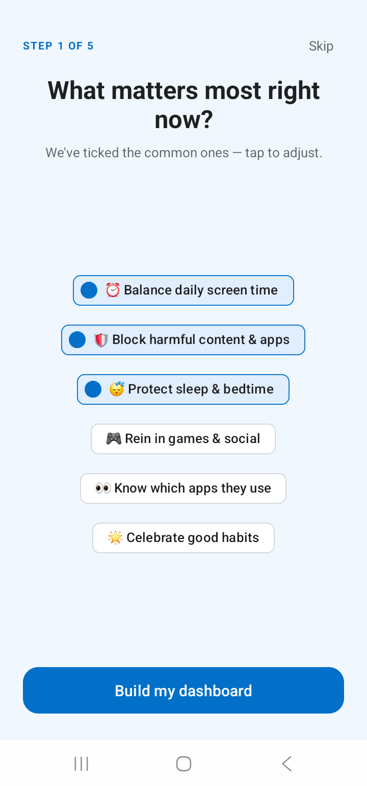Family goals picker asking what matters most right now