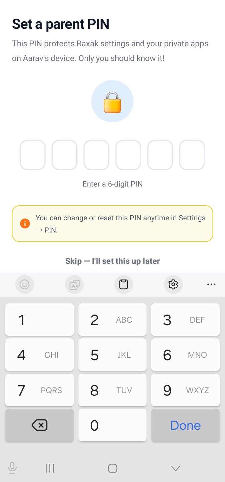 Set a parent PIN screen with six digit boxes