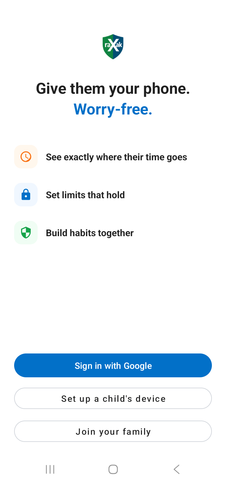 Raxak welcome screen with Sign in with Google, Set up a child's device, and Join your family buttons