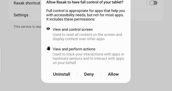 Android full control consent dialog for Raxak accessibility service