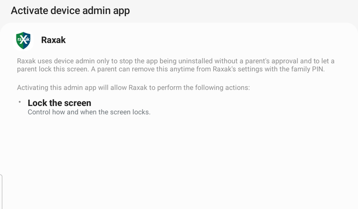 Android Activate device admin app screen for Raxak