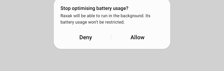 Stop optimising battery usage system dialog with Allow button