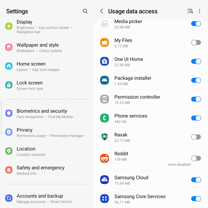 Usage data access list on a Samsung tablet with Raxak visible