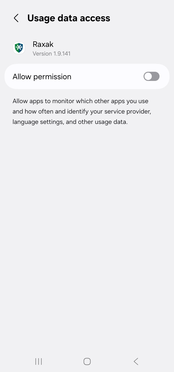 Samsung Usage data access screen for Raxak with Allow permission toggle